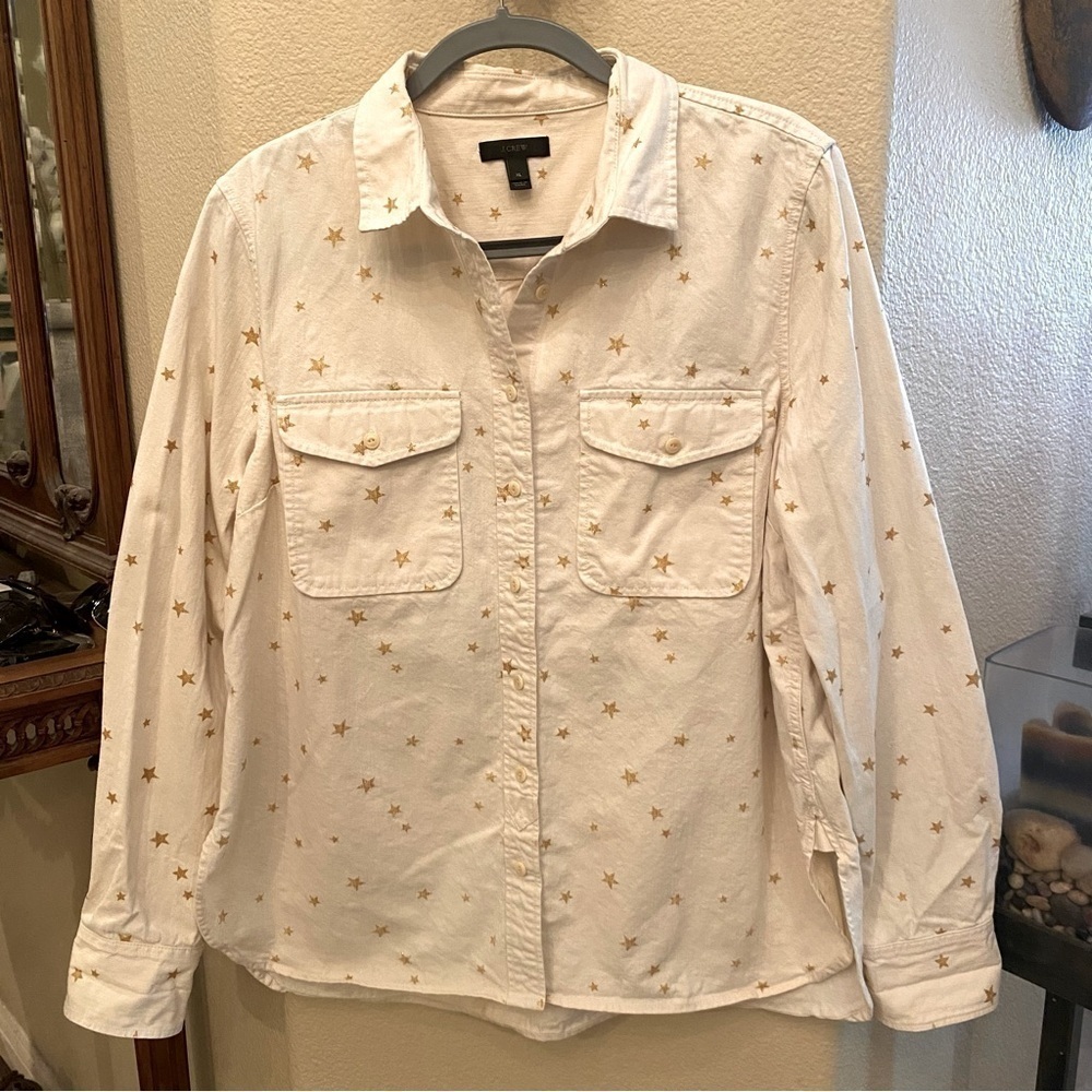 J. CREW Women Ivory Gold Glittery Star Button Shirt Shacket Size XL